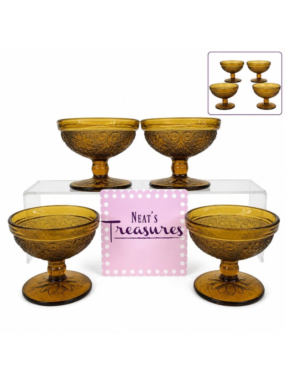 Vintage Tiara AMBER SANDWICH Pattern Footed Low Sherbet Dessert Glasses Set of 4